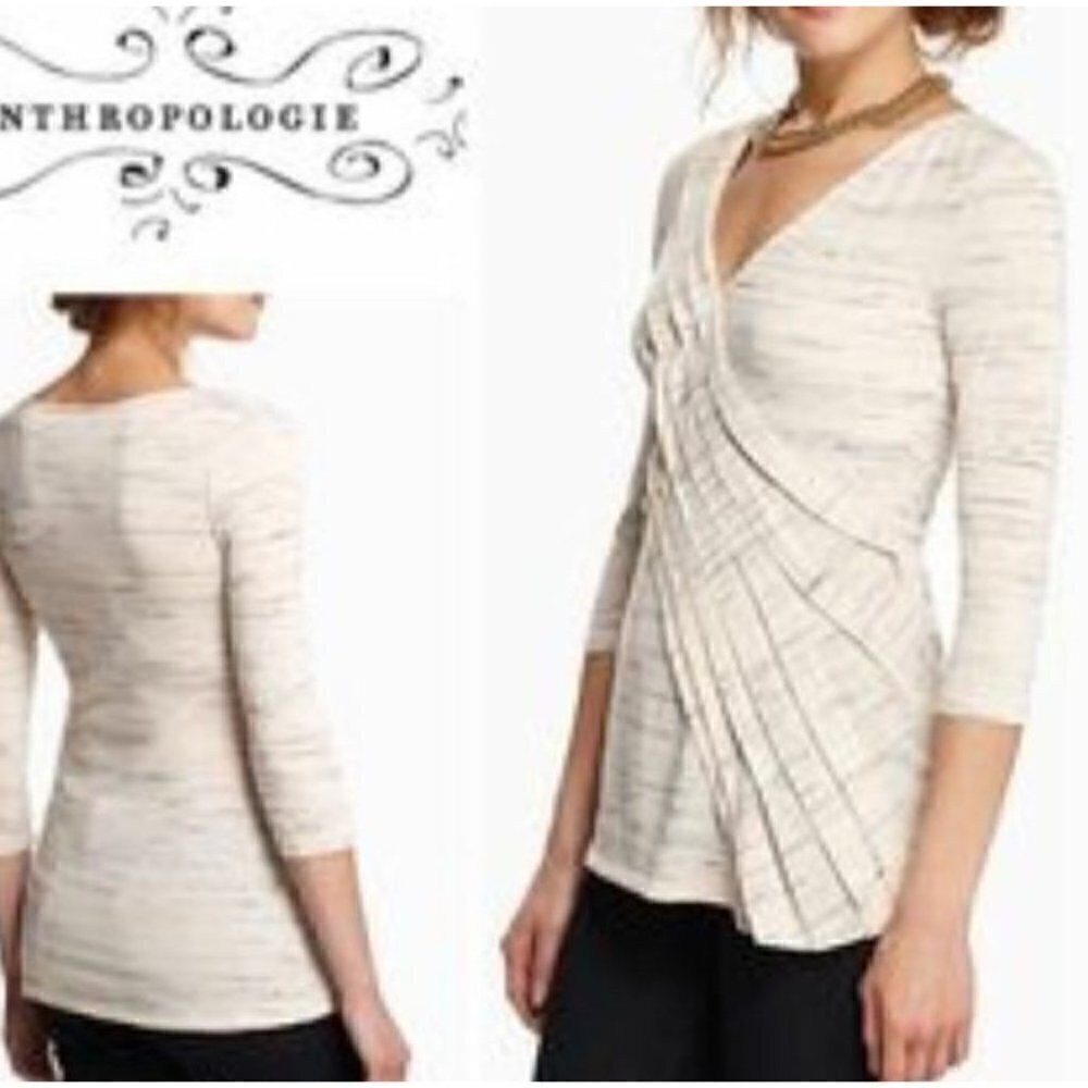 Anthropologie Deletta Womens Medium Ivory Blue Pleated Top V Neck Stretch